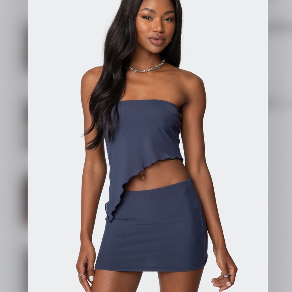 Stylish Navy Blue Asymmetrical Two-Piece Set